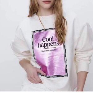 Zara White Sweatshirt with Pink Metallic Graphic